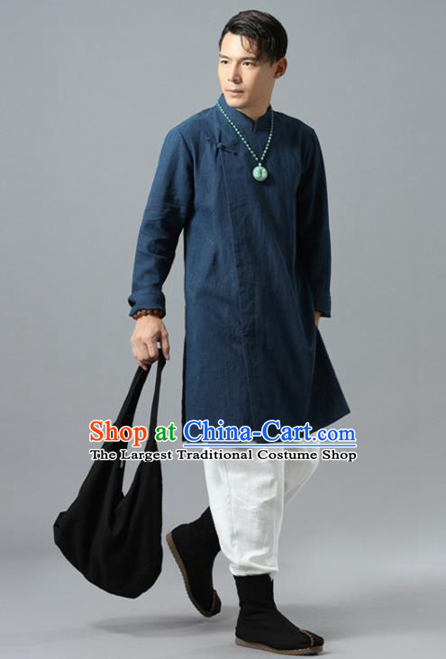 Chinese National Navy Flax Coat Traditional Tang Suit Outer Garment Overcoat Costume for Men