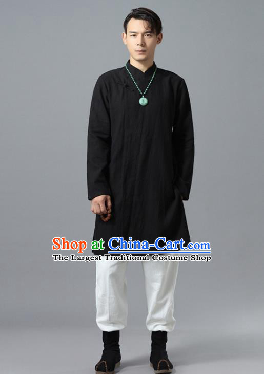 Chinese National Black Flax Coat Traditional Tang Suit Outer Garment Overcoat Costume for Men