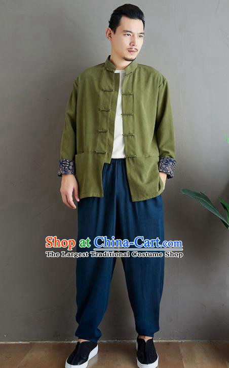 Chinese National Olive Green Linen Coat Traditional Tang Suit Upper Outer Garment Jacket Costume for Men