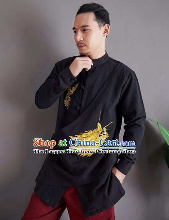 Chinese National Embroidered Black Shirt Traditional Tang Suit Upper Outer Garment Flax Costume for Men