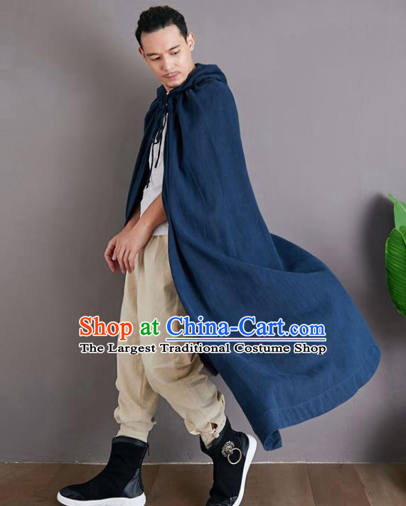 Chinese National Embroidered Dragon Navy Flax Cape Traditional Tang Suit Outer Garment Coat Costume Hooded Cloak for Men