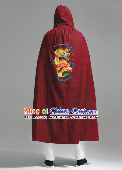 Chinese National Embroidered Dragon Red Flax Cape Traditional Tang Suit Outer Garment Coat Costume Hooded Cloak for Men