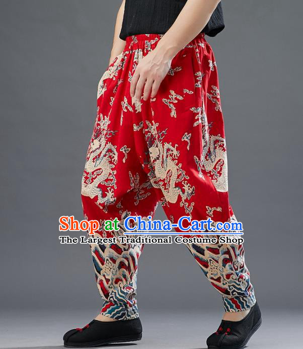 Chinese National Printing Dragons Red Flax Pants Traditional Tang Suit Costume Printing Dragon Bloomers Trousers for Men