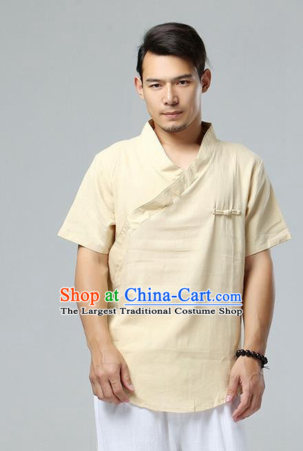 Chinese National Beige Flax Slant Opening Shirt Traditional Tang Suit Short Sleeve Upper Outer Garment Costume for Men