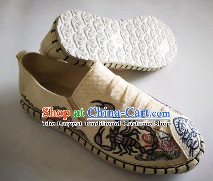 Chinese Traditional National Embroidered Beige Flax Shoes Martial Arts Shoes Men Shoes Handmade Shoes