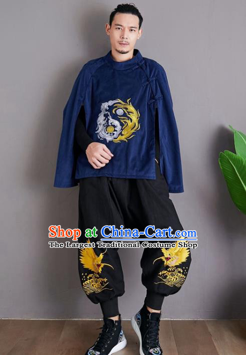 Chinese National Embroidered Royalblue Cloak Traditional Tang Suit Outer Garment Corduroy Coat Costume for Men