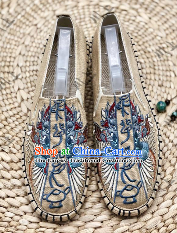 Chinese Traditional National Embroidery Khaki Cloth Shoes Martial Arts Shoes Men Shoes Handmade Shoes Embroidered Shoes