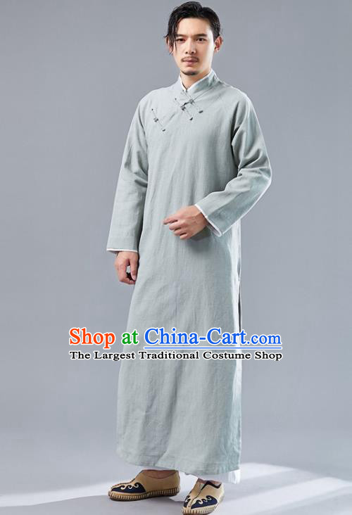 Republic of China National Light Green Flax Robe Traditional Tang Suit Costume Comic Dialogue Long Gown for Men