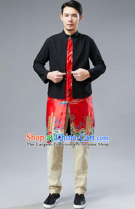 Chinese National Red Satin Coat Traditional Tang Suit Outer Garment Overcoat Costume for Men