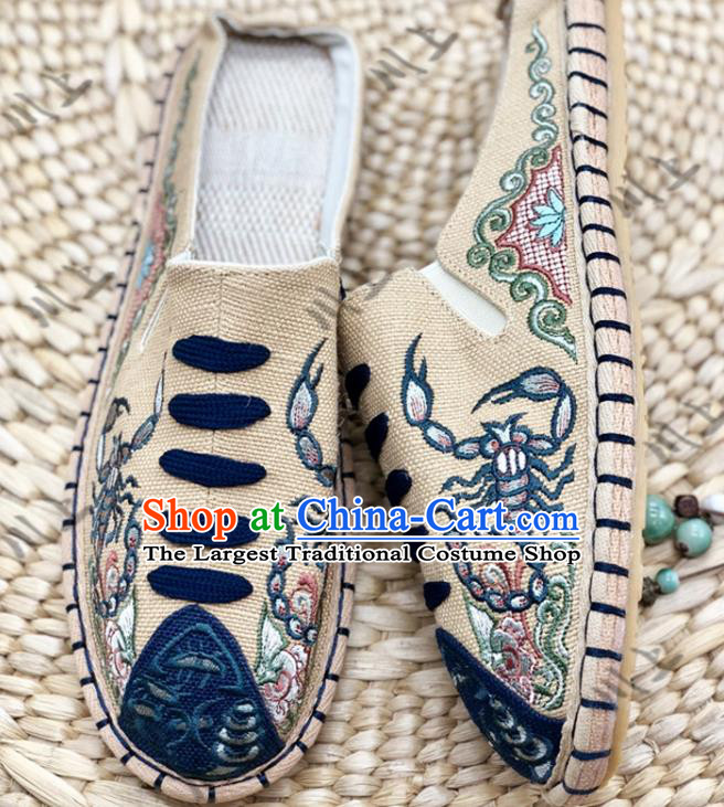 Chinese Traditional National Khaki Flax Shoes Martial Arts Shoes Men Shoes Handmade Shoes Embroidered Slippers