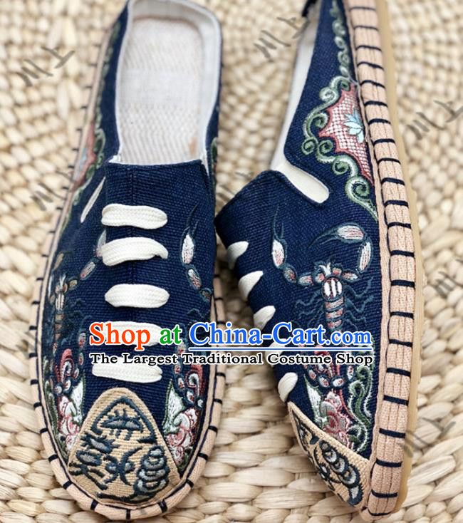 Chinese Traditional National Navy Flax Shoes Martial Arts Shoes Men Shoes Handmade Shoes Embroidered Slippers