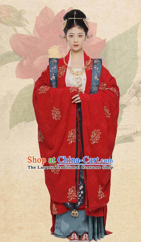 Traditional Chinese Song Dynasty Noble Lady Wedding Costumes Ancient Court Bride Embroidered Red Hanfu Dress Complete Set