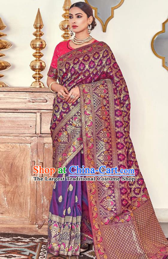 Asian India National Saree Costumes Asia Indian Bride Traditional Rosy Blouse and Purple Silk Sari Dress for Women