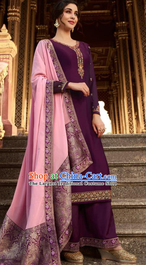 Asian India National Court Punjab Costumes Asia Indian Traditional Embroidered Deep Purple Satin Blouse Sari and Loose Pants for Women