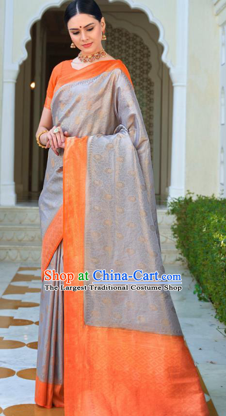 Asian India Bollywood Gray Silk Saree Asia Indian Traditional Court Princess Blouse and Sari Dress National Dance Costumes for Women