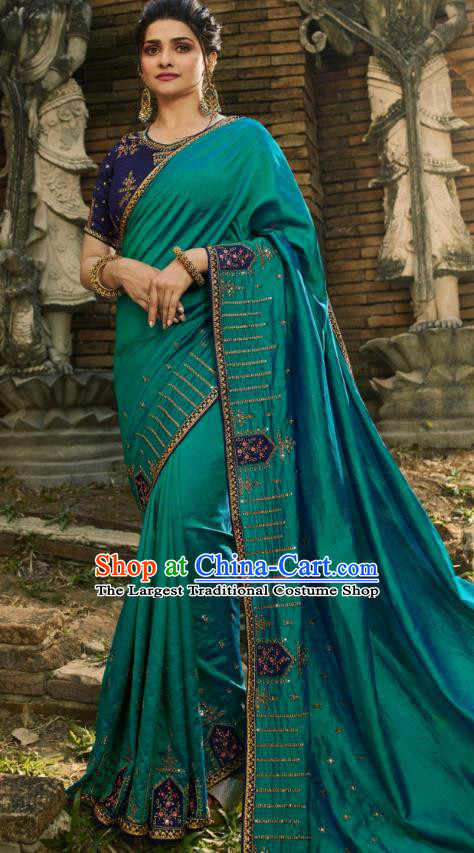 Asian India National Wedding Teal Green Silk Saree Costumes Asia Indian Bride Traditional Blouse and Embroidered Sari Dress for Women