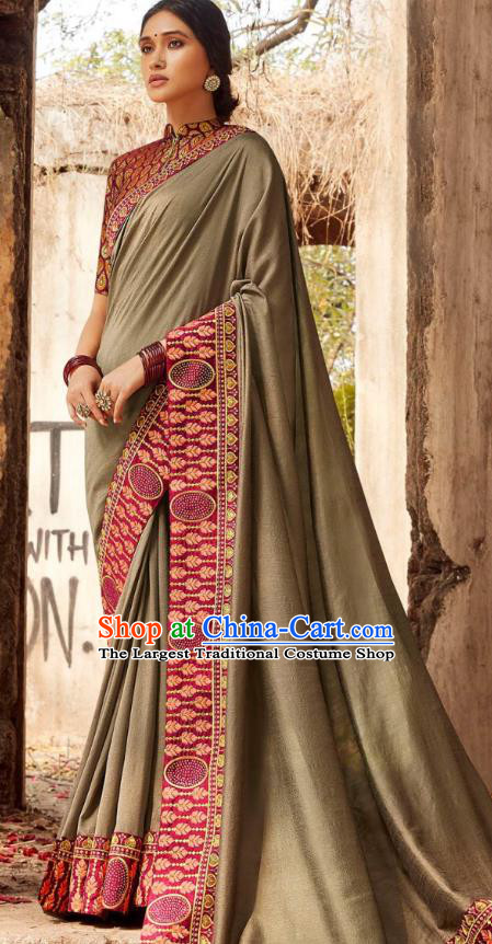 Asian India National Saree Costumes Asia Indian Bride Traditional Blouse and Embroidered Khaki Silk Sari Dress for Women