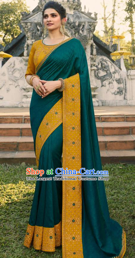 Asian India National Wedding Teal Silk Saree Costumes Asia Indian Bride Traditional Blouse and Embroidered Sari Dress for Women