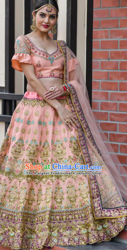 Asian India Wedding Lehenga Costumes Asia Indian Traditional Festival Bride Embroidered Pink Silk Blouse and Skirt and Sari Complete Set