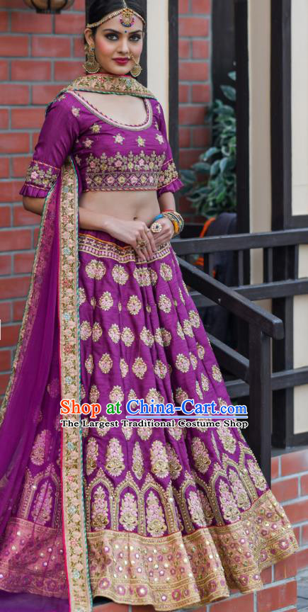 Asian India Wedding Lehenga Costumes Asia Indian Traditional Festival Bride Embroidered Purple Silk Blouse and Skirt and Sari Complete Set