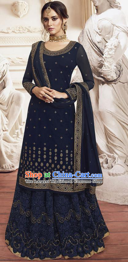 Asian India Traditional Festival Punjab Suits Costumes Asia Indian National Navy Crepe Long Blouse Shawl and Loose Pants Complete Set