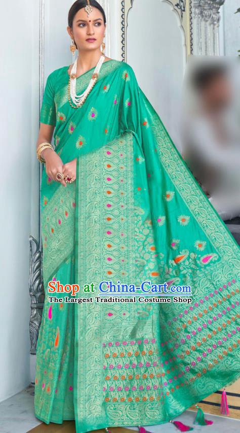 Asian India Festival Bollywood Green Silk Saree Asia Indian National Dance Costumes Traditional Court Princess Blouse and Sari Dress for Women