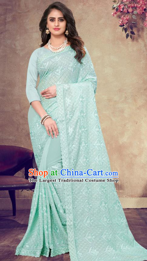 Asian India Festival Bollywood Lake Blue Georgette Saree Dress Asia Indian National Dance Costumes Traditional Court Princess Blouse and Sari Full Set