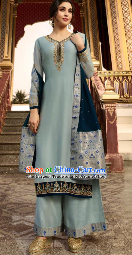 Asian India National Court Punjab Costumes Asia Indian Traditional Embroidered Gray Satin Blouse Sari and Loose Pants for Women