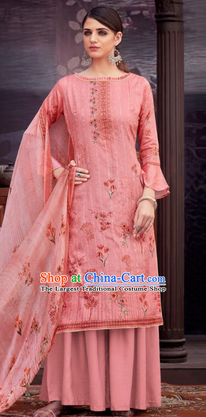 Asian India National Printing Punjab Costumes Asia Indian Traditional Dance Pink Cotton Blouse and Loose Pants and Shawl Full Set