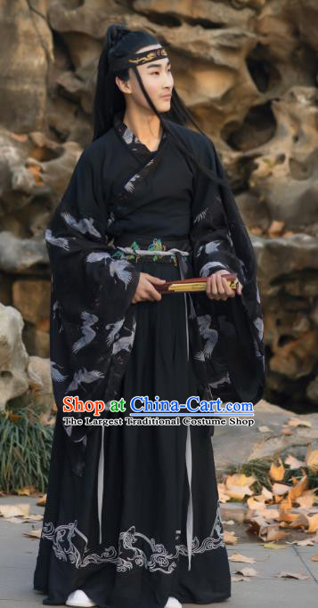 Traditional Chinese Jin Dynasty Scholar Historical Costumes Ancient Noble Childe Swordsman Black Hanfu Apparel for Men