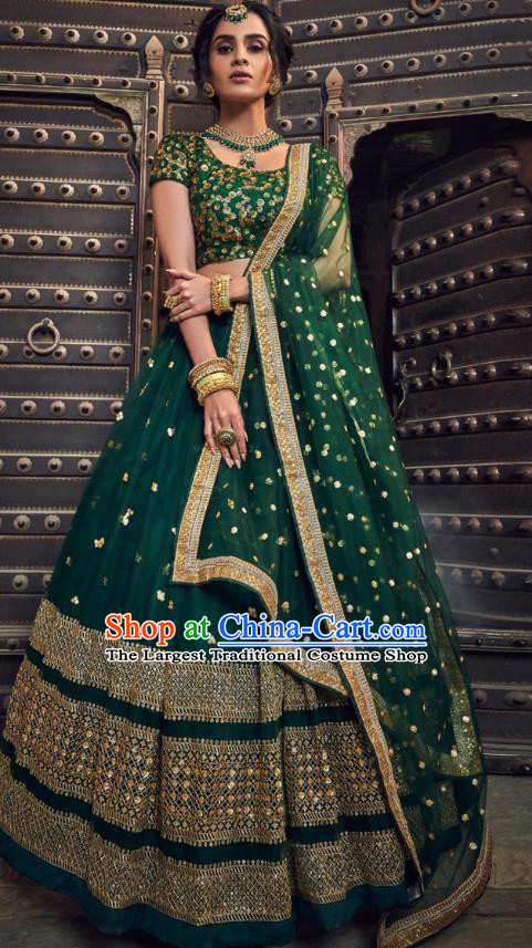 Top Asian India Wedding Lehenga Costumes Asia Indian Traditional Bride Embroidered Deep Green Blouse and Skirt and Sari Full Set