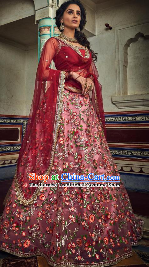 Top Asian India Wedding Lehenga Costumes Asia Indian Traditional Bride Embroidered Carmine Blouse and Skirt and Sari Full Set