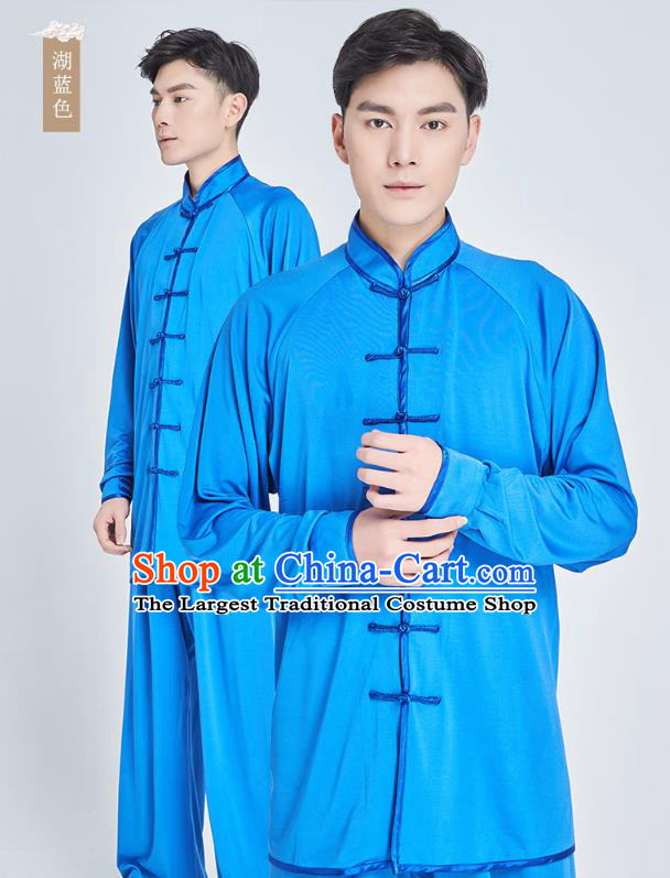 Top Grade Martial Arts Training Lake Blue Milk Fiber Uniform Kung Fu Costume Shaolin Gongfu Tai Ji Clothing for Men