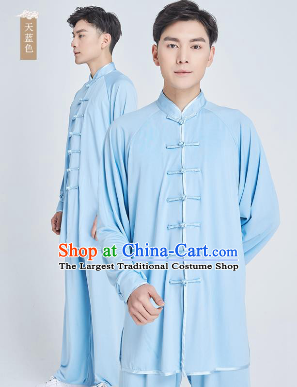 Top Grade Martial Arts Training Light Blue Milk Fiber Uniform Kung Fu Costume Shaolin Gongfu Tai Ji Clothing for Men