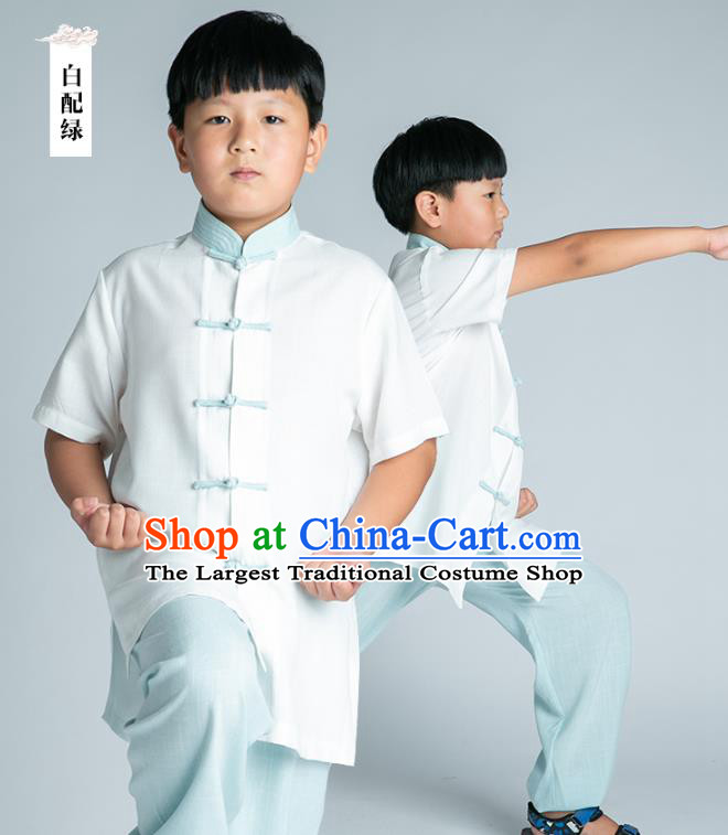 Asian Chinese Traditional Tai Chi White Linen Shirt and Blue Pants Martial Arts Costumes China Kung Fu Outfits for Kids