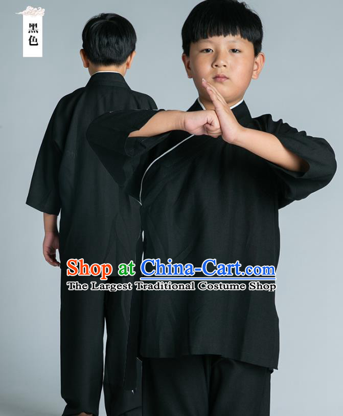 Asian Chinese Traditional Tai Chi Slant Opening Black Linen Shirt and Pants Martial Arts Costumes China Kung Fu Outfits for Kids