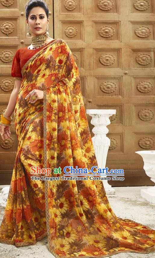 Asian India National Printing Sunflowers Yellow Georgette Saree Asia Indian Festival Dance Costumes Traditional Female Blouse and Sari Dress Full Set