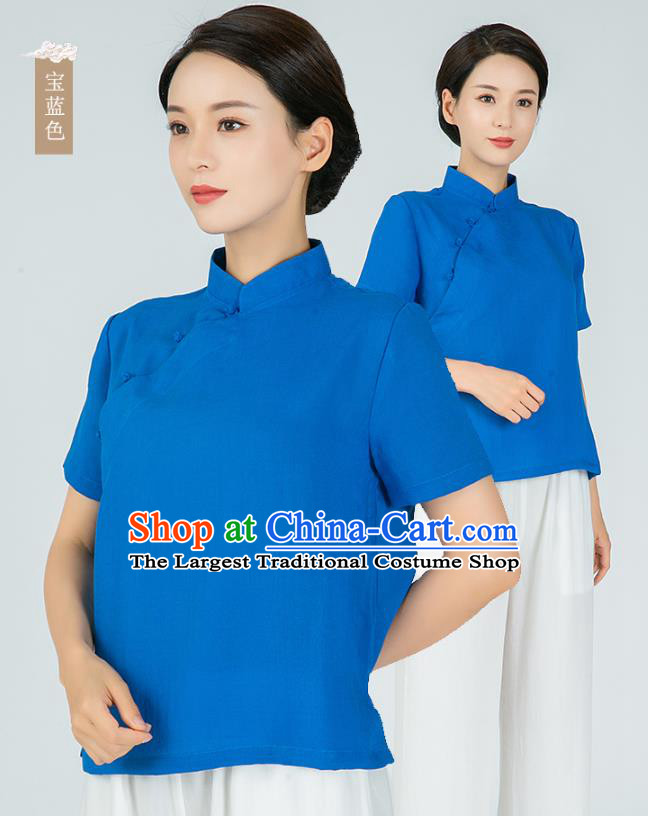 Professional Chinese Tang Suit Royalblue Flax Blouse Martial Arts Shaolin Gongfu Costumes Kung Fu Training Garment Tai Ji Upper Outer for Women