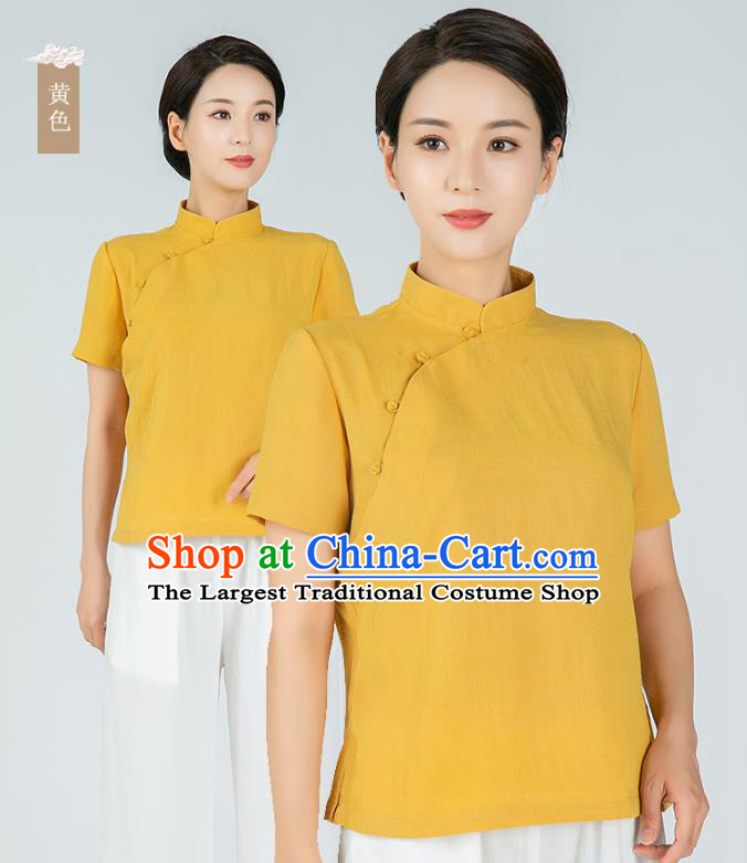 Professional Chinese Tang Suit Yellow Flax Blouse Martial Arts Shaolin Gongfu Costumes Kung Fu Training Garment Tai Ji Upper Outer for Women