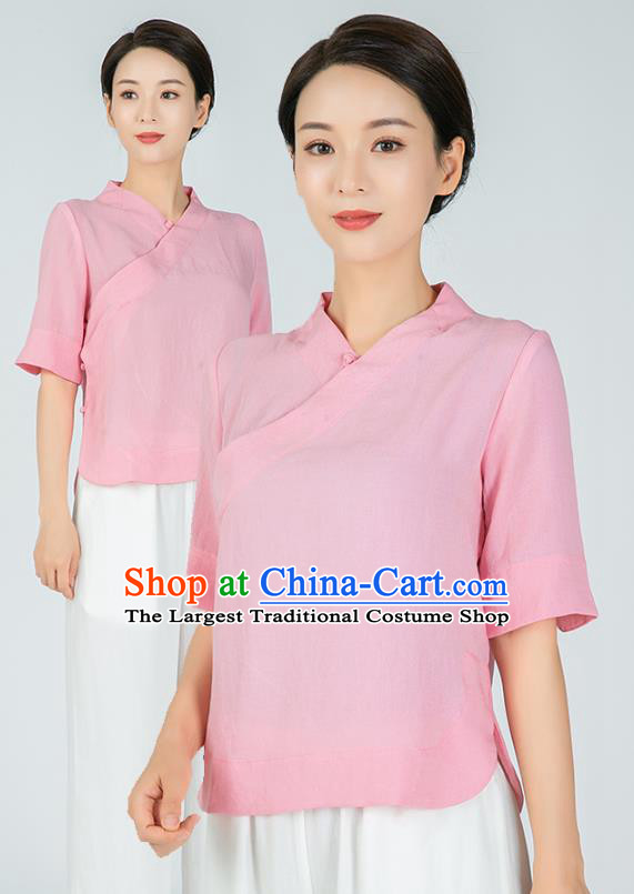 Professional Chinese Tai Chi Pink Flax Short Sleeve Blouse Martial Arts Shaolin Gongfu Costumes Kung Fu Training Garment Tang Suit Upper Outer for Women