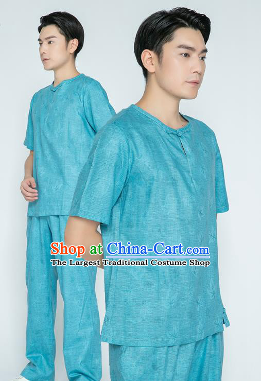 Top Grade Chinese Martial Arts Training Jacquard Blue Flax Uniforms Kung Fu Costume Shaolin Gongfu Tai Ji Shirt and Pants for Men