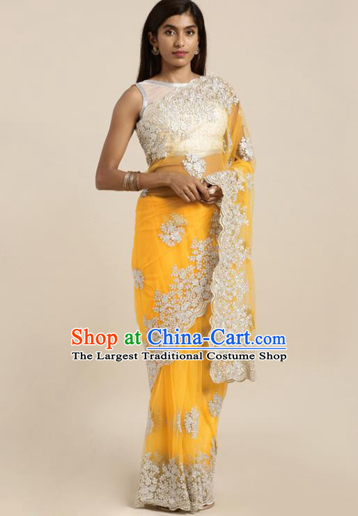 Asian India National Embroidered Yellow Saree Dress Asia Indian Festival Dance Costumes Traditional Female Clothing Blouse and Sari Full Set