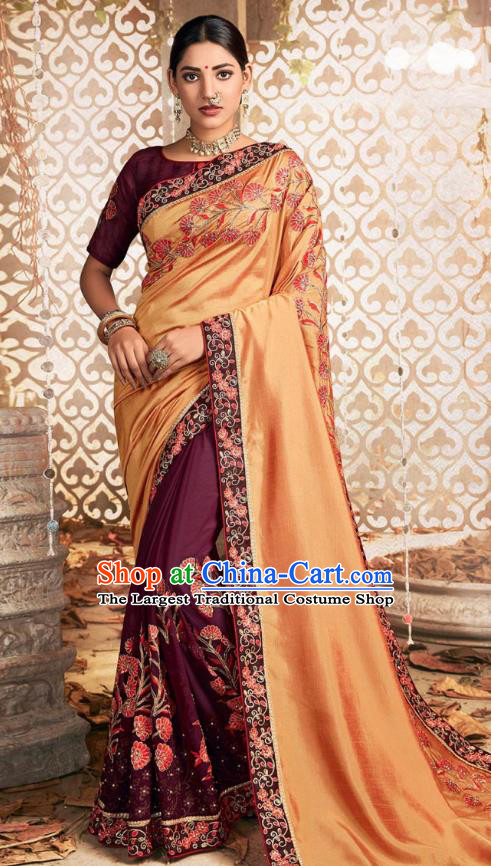 Asian India National Embroidered Chanderi Silk Saree Dress Asia Indian Festival Dance Purple Blouse and Golden Sari Costumes Traditional Court Female Clothing