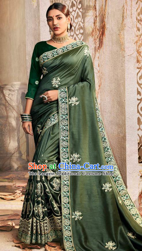 Asian India National Embroidered Atrovirens Chanderi Silk Saree Dress Asia Indian Festival Dance Blouse and Sari Costumes Traditional Court Female Clothing