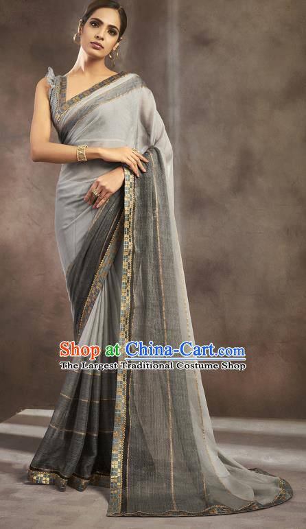 Asian India National Bride Grey Chiffon Saree Dress Asia Indian Festival Blouse and Sari Traditional Bollywood Dance Costumes for Women