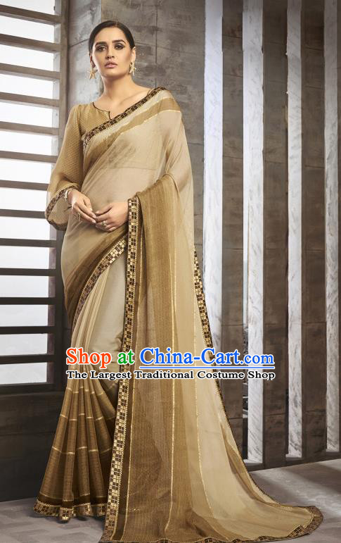 Asian India National Bride Brown Chiffon Saree Dress Asia Indian Festival Blouse and Sari Traditional Bollywood Dance Costumes for Women