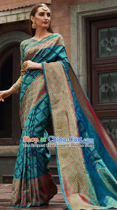 Asian India Court Blue Silk Saree Traditional Bollywood Dance Costumes Asia Indian National Festival Blouse and Sari Dress for Women