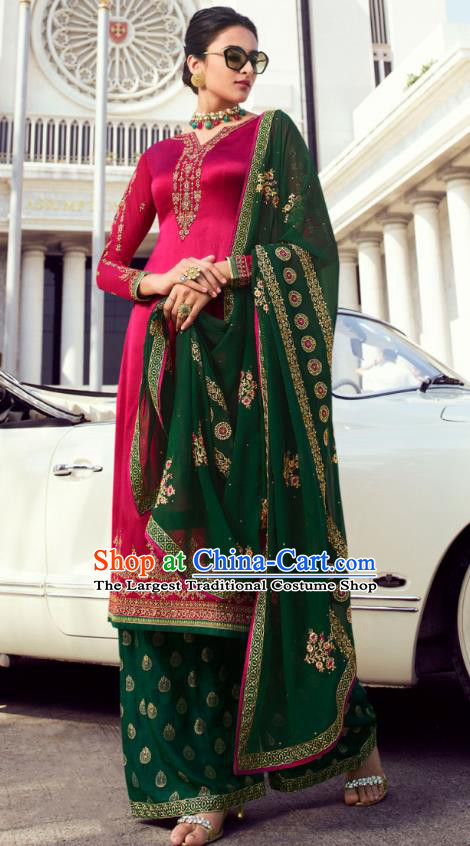 Asian India Traditional Informal Costumes Asia Indian National Punjab Suits Rosy Satin Blouse Shawl and Green Loose Pants for Rich Woman