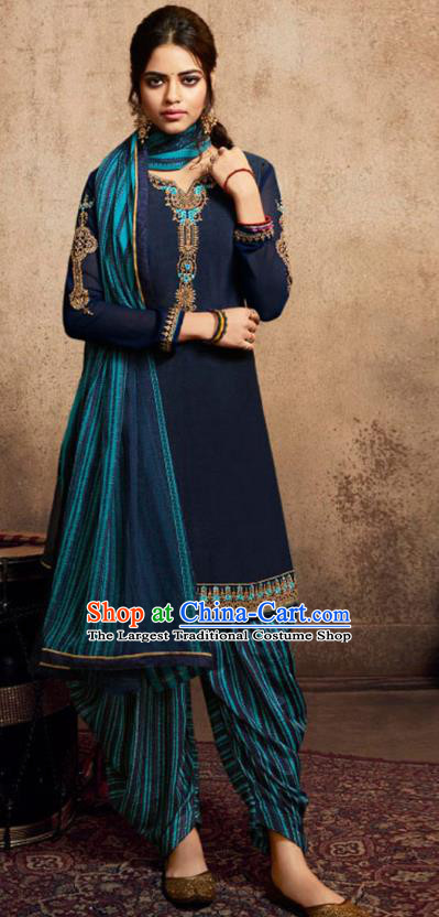 Asian India Traditional Civilian Woman Costumes Asia Indian National Punjab Suits Navy Crepe Long Blouse Shawl and Loose Pants Full Set