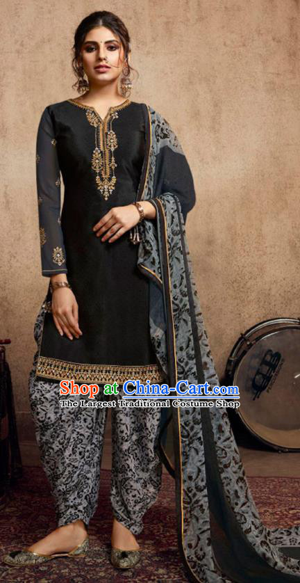 Asian India Traditional Civilian Woman Costumes Asia Indian National Punjab Suits Black Crepe Long Blouse Shawl and Loose Pants Full Set